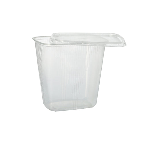Il bicchiere per imballaggio Starpak 100 è un contenitore alimentare rettangolare chiaro da 250 ml in PP con coperchio abbinato, raffigurato leggermente aperto su uno sfondo bianco semplice. Ideale per la conservazione degli alimenti.