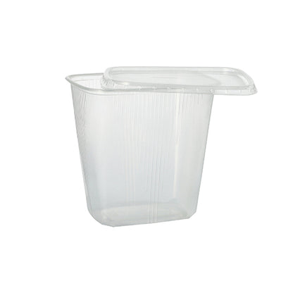 Il bicchiere per imballaggio Starpak 100 è un contenitore alimentare rettangolare chiaro da 250 ml in PP con coperchio abbinato, raffigurato leggermente aperto su uno sfondo bianco semplice. Ideale per la conservazione degli alimenti.