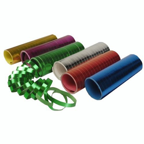 Nell'immagine sono raffigurati sei PAPSTAR stelle filanti di metallo (4 m, assortiti per colore) della PAPSTAR GmbH, con la stella filante verde parzialmente srotolata e arrotolata. Le altre rimangono arrotolate - perfette per decorazioni festive in metallo.