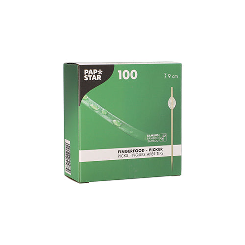 Una scatola verde della PAPSTAR GmbH con la scritta "PAPSTAR 100 Fingerfood - Picker" contiene 100 stuzzicadenti in bambù, ognuno lungo 9 cm. La confezione mostra un'immagine del picker alimentare e informazioni sul prodotto in più lingue.