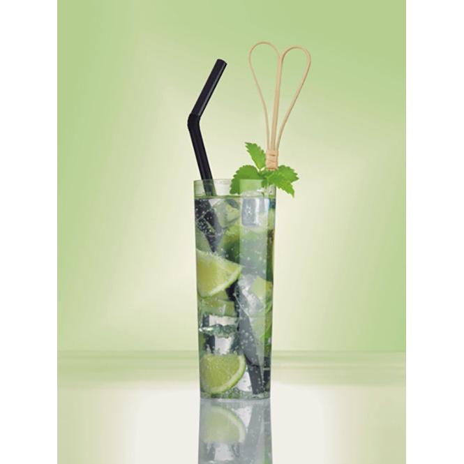 Un bicchiere alto di acqua frizzante con ghiaccio, spicchi di lime e foglie di menta è dotato di due cannucce nere e un PAPSTAR GmbH 100 Fingerfood-Picker con attacco ad anello. Lo sfondo è una delicata sfumatura verde.