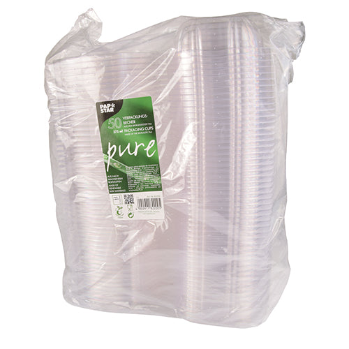 Una confezione sigillata con 50 ciotole per gastronomia e insalata PAPSTAR con coperchi a cerniera, "pure" trasparente, prodotta dalla PAPSTAR GmbH, presenta proprietà biodegradabili e compostabili del PLA per un uso ecologico.