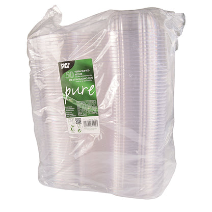 Una confezione sigillata con 50 ciotole per gastronomia e insalata PAPSTAR con coperchi a cerniera, "pure" trasparente, prodotta dalla PAPSTAR GmbH, presenta proprietà biodegradabili e compostabili del PLA per un uso ecologico.