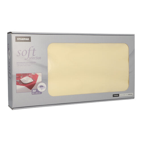 La scatola Starpak "Soft Selection" contiene 20 tovaglie color crema, di 80x80 cm, simili a stoffa, in tessuto non tessuto per la gastronomia, con finestra trasparente e dettagli stampati sul davanti.