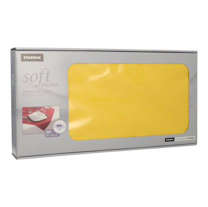 Una scatola rettangolare argentata di Starpak con la scritta "Soft Selection" contiene 20 tovaglie gialle, simili a stoffa, in tessuto non tessuto (80 x 80 cm). La scatola mostra una piccola immagine dei tovaglioli su un tavolo rosso, ideale per l'uso nella gastronomia.