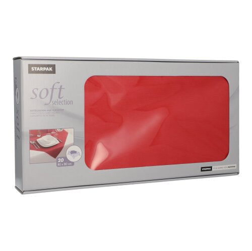 Le tovaglie Starpak 20 "Soft Selection" simili a stoffa in tessuto non tessuto vengono consegnate in una scatola rettangolare con finestra trasparente. Ogni tovagliolo misura 80 x 80 cm - ideale per l'uso nella gastronomia.