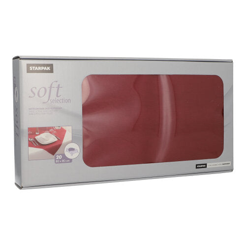 È raffigurata una scatola rettangolare con 20 tovaglie Starpak, simili a stoffa, in tessuto non tessuto "soft selection" (80x80 cm). La confezione prevalentemente grigia con finestra trasparente contiene 20 tovaglioli di alta qualità, ideali per la gastronomia.