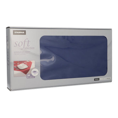 Una scatola rettangolare con 20 tovaglie simili a stoffa in tessuto non tessuto "Soft Selection" di Starpak (80 x 80 cm) dispone di una finestra trasparente con tovaglioli blu. La confezione prevalentemente grigia mostra informazioni sul prodotto e un apparecchiatura da tavola per la gastronomia.