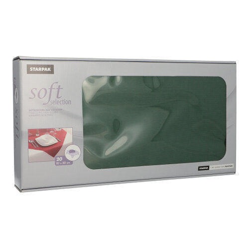 In una scatola rettangolare con la scritta "Starpak 20 tovaglie, simili a stoffa, in tessuto non tessuto 'soft selection' 80x80cm" ci sono 20 tovaglioli verdi, simili a stoffa, che sono parzialmente visibili attraverso una finestra sulla confezione grigio/argento - perfetti per l'uso nella gastronomia.