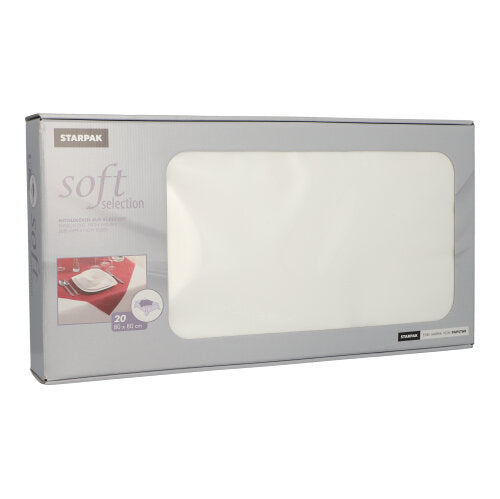 La scatola Starpak "Soft Selection" contiene 20 tovaglie bianche, simili a stoffa, in tessuto non tessuto (80 x 80 cm), visibili attraverso una finestra trasparente - ideali per la gastronomia.