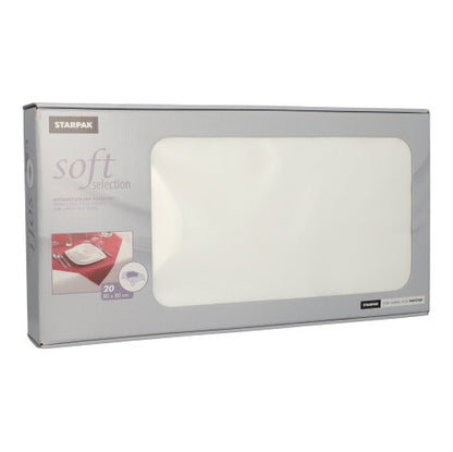 La scatola Starpak "Soft Selection" contiene 20 tovaglie bianche, simili a stoffa, in tessuto non tessuto (80 x 80 cm), visibili attraverso una finestra trasparente - ideali per la gastronomia.