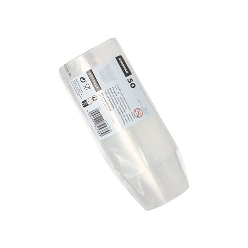 Una confezione con 50 bicchieri da condimento Starpak (PP, rotondi, Ø 7,1 cm, trasparenti) è impilata e avvolta in plastica trasparente, con un'etichetta bianca con dettagli del prodotto e codice a barre, perfetto per i servizi di catering o da utilizzare come bicchiere da condimento.