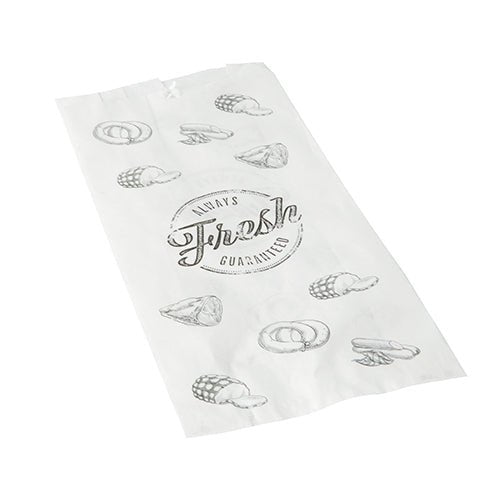 Il PAPSTAR sacchetto per macellai da 1000 della PAPSTAR GmbH è un sacchetto di carta kraft bianca con motivi di "Sempre fresco garantito" e di panini, brezel e croissant neri - perfetto per macellerie o come sacchetto per macellai.