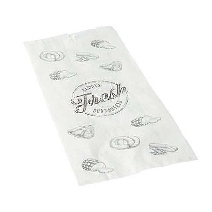 Il PAPSTAR sacchetto per macellai da 1000 della PAPSTAR GmbH è un sacchetto di carta kraft bianca con motivi di "Sempre fresco garantito" e di panini, brezel e croissant neri - perfetto per macellerie o come sacchetto per macellai.