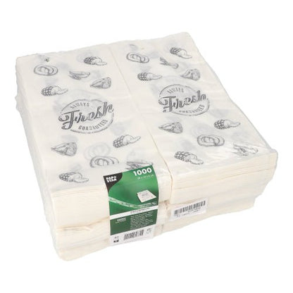 Una confezione di 1.000 PAPSTAR sacchetti per macellai della PAPSTAR GmbH in carta kraft infilata con etichetta verde e motivi neri "Sempre fresco garantito" con frutta e verdura; ideale per macellerie.