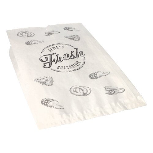 Il PAPSTAR sacchetto per macellai da 1000 della PAPSTAR GmbH è un sacchetto di carta kraft bianca con strisce di pane nere, la scritta "Sempre fresco garantito" al centro e una chiusura infilata. Il sacchetto vuoto è disteso su uno sfondo bianco.