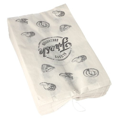 Una pila di PAPSTAR 1000 sacchetti per macellai in carta kraft, infilati, di PAPSTAR GmbH, con illustrazioni nere di brezel, cupcake e la scritta circolare "Qualità di Unna".