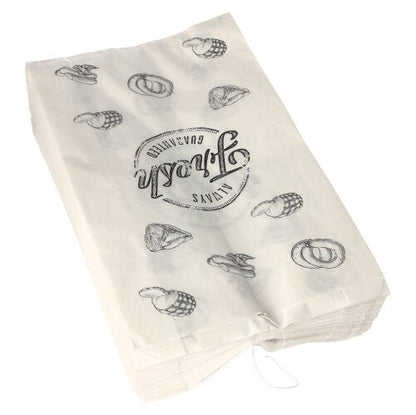 Una pila di PAPSTAR 1000 sacchetti per macellai in carta kraft, infilati, di PAPSTAR GmbH, con illustrazioni nere di brezel, cupcake e la scritta circolare "Qualità di Unna".