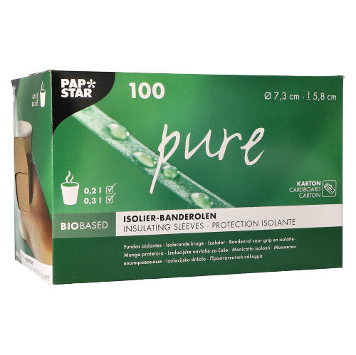 Una scatola dispenser verde-bianca della PAPSTAR GmbH contiene 100 fascette "pure" marroni per bicchieri di bevande calde (Ø 7,3 cm), con informazioni sul prodotto e simboli sulla confezione.