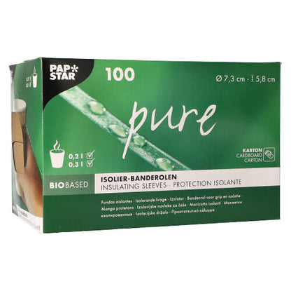 Una scatola dispenser verde-bianca della PAPSTAR GmbH contiene 100 fascette "pure" marroni per bicchieri di bevande calde (Ø 7,3 cm), con informazioni sul prodotto e simboli sulla confezione.
