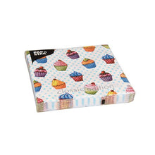 Un set di 20 tovaglioli della PAPSTAR GmbH (33x33 cm, 3-strati, 1/4 piegato) con un motivo a pois azzurri e cupcake. Sul fronte è stampata la scritta "classic edition", mentre il logo PAPSTAR si trova in alto a sinistra per uno stile e una durata aggiuntivi.