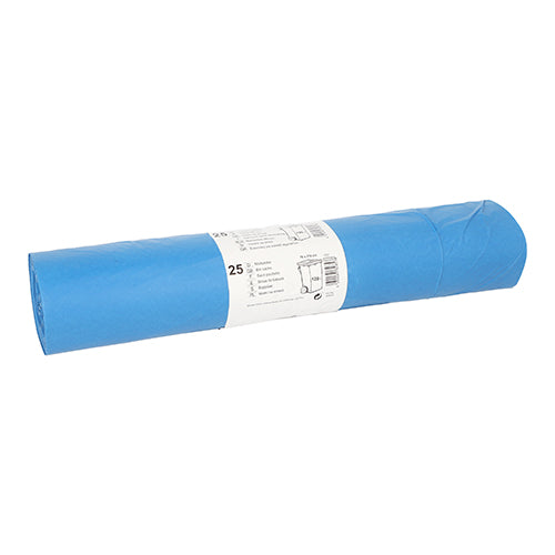 Un rotolo di 25 sacchi della spazzatura Starpak, LDPE 120 l (110 cm x 70 cm) in blu, con un'etichetta bianca al centro che contiene informazioni sul prodotto e specifiche.
