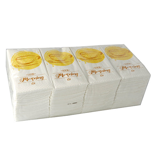 Ein Stapel PAPSTAR 250 Servietten, 3lagig 1/8-Falz der PAPSTAR GmbH, jeweils 33 x 33 cm groß, mit goldener Teetasse und "Good Morning"-Motiv, ist in einer durchsichtigen Kunststoffverpackung verpackt.