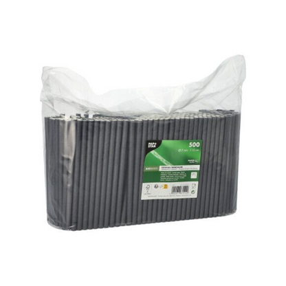 Un sacchetto di plastica trasparente con 500 cannucce da cocktail nere in carta di PAPSTAR GmbH. La confezione è dotata di un'etichetta verde-bianca che mostra il marchio e i dettagli del prodotto. Un'alternativa ecologica sono le nostre cannucce in carta certificate FSC.