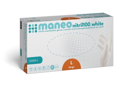 Eine rechteckige Schachtel mit MANEO Nitril-Handschuhen, hygienisch und strapazierfähig von ARNOWA GmbH. Die überwiegend weiße Großformatschachtel weist blaue und orangefarbene Akzente, Produktdetails und Abbildungen einer Hand und eines Handschuhs auf.