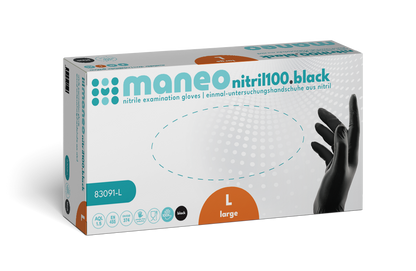 Eine rechteckige Schachtel MANEO Nitril-Handschuhe, hygienisch und strapazierfähig von ARNOWA GmbH, Größe large, zeigt eine schwarz behandschuhte Hand auf der rechten Seite und blaue und orangefarbene Akzente auf weißem Hintergrund.