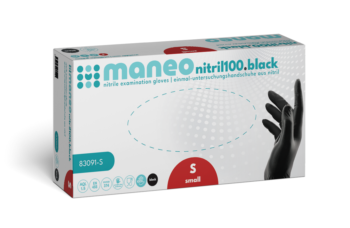 Eine Schachtel MANEO Nitril-Handschuhe, hygienisch und strapazierfähig von ARNOWA GmbH, Größe klein. Die weiße Schachtel mit türkisen und roten Akzenten zeigt auf der rechten Seite eine Hand in einem schwarzen Handschuh.