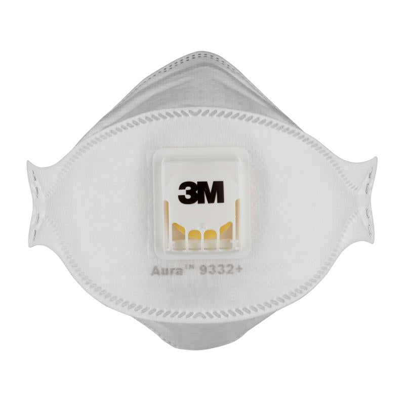 La maschera antiparticolato 3M™ Aura™ Comfort Cool Flow™ 9332+, FFP3, con valvola di 3M Deutschland GmbH è una maschera respiratoria monouso bianca con valvola di espirazione centrale, raffigurata su uno sfondo bianco uniforme.