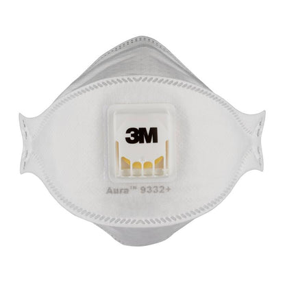 La maschera antiparticolato 3M™ Aura™ Comfort Cool Flow™ 9332+, FFP3, con valvola di 3M Deutschland GmbH è una maschera respiratoria monouso bianca con valvola di espirazione centrale, raffigurata su uno sfondo bianco uniforme.