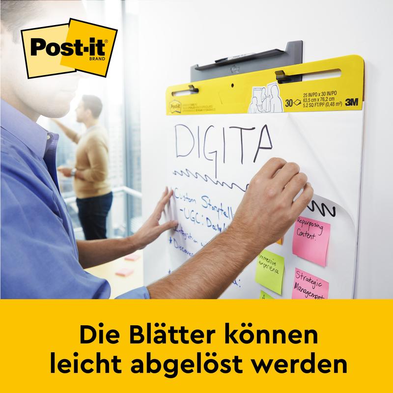 Una persona scrive su un 3M Deutschland GmbH Post-it® Super Sticky Mini Meeting Chart autoadesivo/Flipchart Mini 577SS, 38 x 45,7 cm, mentre note adesive colorate adornano il blocco. Alla base si legge: "I fogli possono essere facilmente staccati."