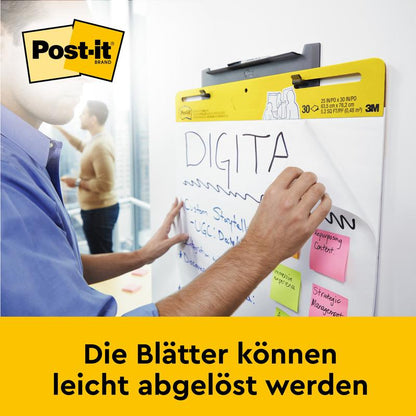Una persona scrive su un 3M Deutschland GmbH Post-it® Super Sticky Mini Meeting Chart autoadesivo/Flipchart Mini 577SS, 38 x 45,7 cm, mentre note adesive colorate adornano il blocco. Alla base si legge: "I fogli possono essere facilmente staccati."