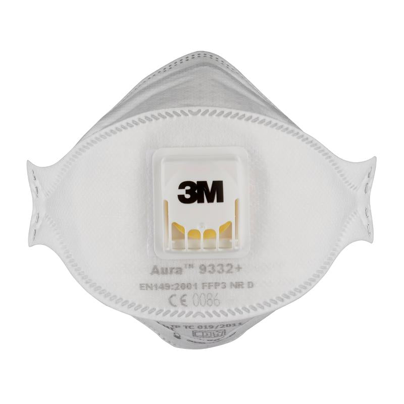 La maschera antiparticolato 3M™ Aura™ Comfort Cool Flow™ 9332+ FFP3 della 3M Deutschland GmbH è raffigurata frontalmente, con una valvola centrale e indicazioni di modello e certificazione stampate.