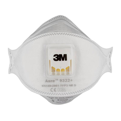 La maschera antiparticolato 3M™ Aura™ Comfort Cool Flow™ 9332+ FFP3 della 3M Deutschland GmbH è raffigurata frontalmente, con una valvola centrale e indicazioni di modello e certificazione stampate.