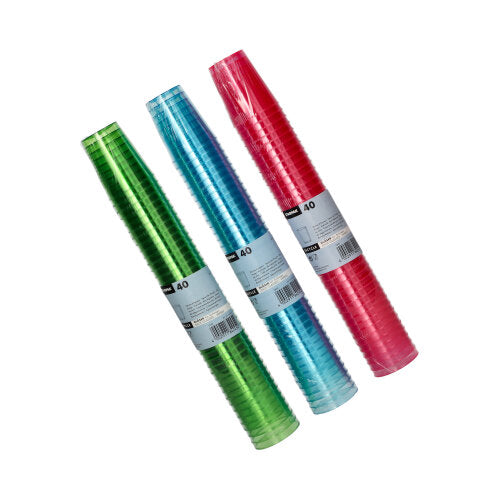 Tre pile di 40 bicchieri da shot Starpak in PS, ciascuno da 4 cl, assortiti in colori (verde, blu, rosa), sono posizionati diagonalmente su sfondo bianco. Ogni confezione contiene 40 bicchieri in pellicola termoretraibile con etichette bianche.