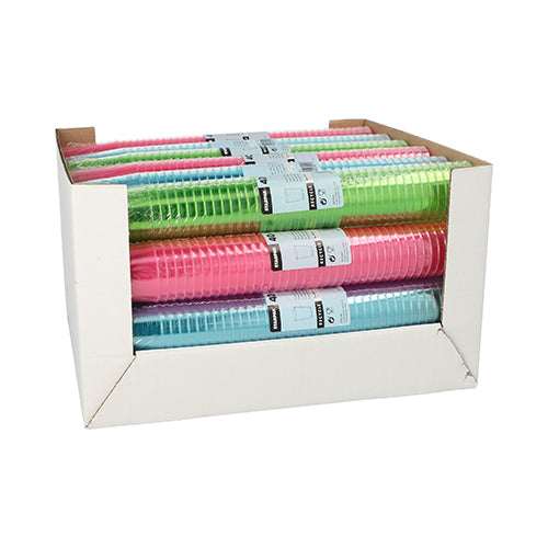 In una scatola bianca di Starpak ci sono 40 bicchieri da shot in PS assortiti per colore (4 cl, Ø 4,2 x 5,2 cm), confezionati ordinatamente in pellicola termoretraibile con bicchieri rosa, verdi e blu per pila.