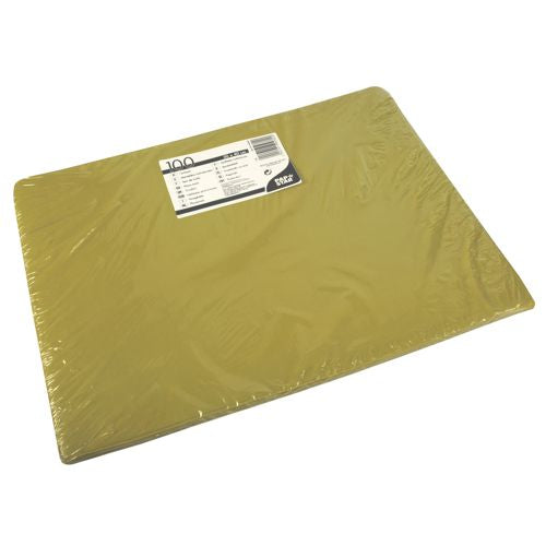 Un pacchetto da 100 tovagliette di carta A4 gialle (30x40 cm) della PAPSTAR GmbH, confezionato in plastica trasparente con un'etichetta informativa bianco-nera - perfetto per tovagliette di carta o progetti di artigianato ecologici.