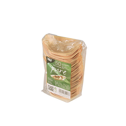 Una confezione di 50 ciotole per finger food "pure" di legno "barchetta" della PAPSTAR GmbH in imballaggio di plastica trasparente, realizzate in legno naturale, con un'etichetta verde sul fronte con i dettagli del prodotto.