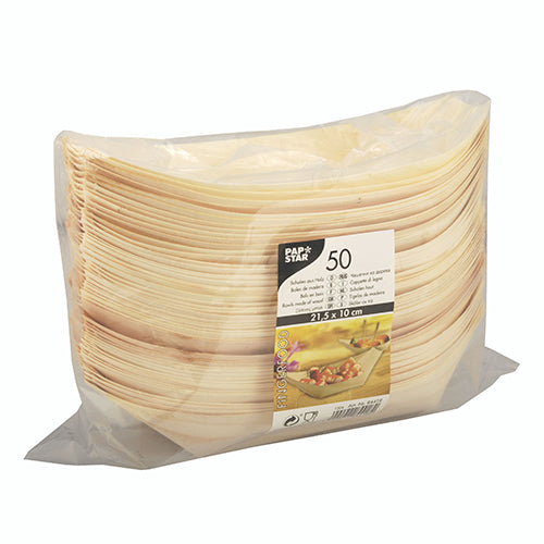 Una confezione sigillata con 50 piatti ovali "pure" di legno "barchetta" (21,5 x 10 cm) della PAPSTAR GmbH mostra il marchio, la quantità e le dimensioni – ideale per servire finger food a qualsiasi evento.