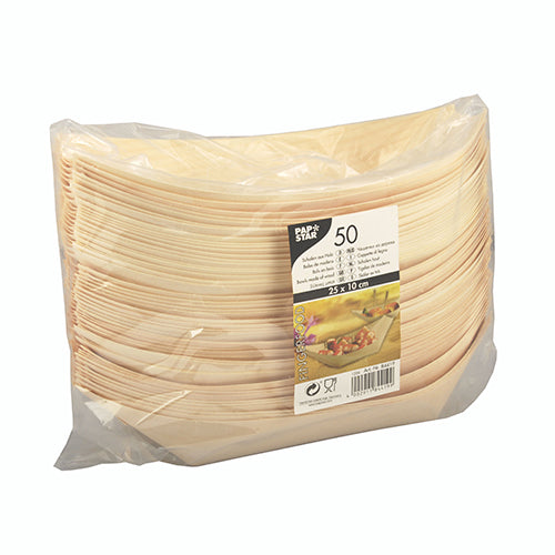 Un imballaggio di plastica trasparente della PAPSTAR GmbH contiene 50 ciotole per finger food (barchette) in legno, ciascuna rettangolare e monouso. L'etichetta sul fronte mostra i dettagli del prodotto e un'immagine di finger food su un piatto.