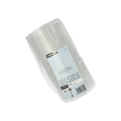 Una confezione di 50 bicchieri monouso "Hurricane" rotondi e trasparenti di Starpak in PET, avvolti in pellicola di plastica e dotati di un'etichetta con quantità e informazioni sul prodotto.