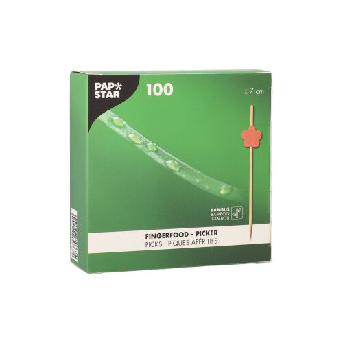Una scatola verde della PAPSTAR GmbH 100 Fingerfood-Picker con l'immagine di uno stuzzicadenti con punta a forma di fiore rosso; le etichette indicano che i picker sono lunghi 7 cm.