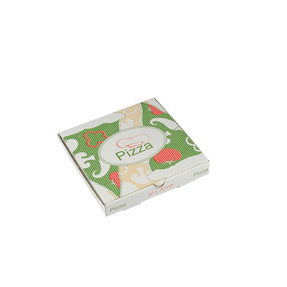 I 100 cartoni per pizza della PAPSTAR, Cellulosa "pure" rettangolari della PAPSTAR GmbH è un cartone ecologico quadrato con design verde-rosso e beige e la scritta "Pizza" e una fetta di pizza sul coperchio.