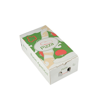 Le scatole per pizza PAPSTAR 100 'pura' quadrate della GmbH sono scatole rettangolari chiuse in cellulosa ecologica con un design pizza verde-rosso-beige con fette di pizza e pomodori su sfondo bianco.