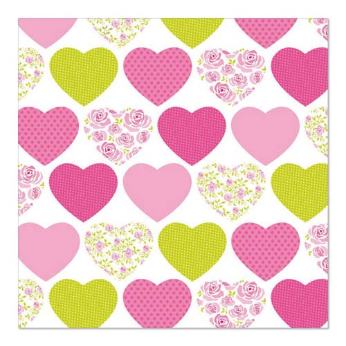Un grazioso motivo a righe di cuori rosa e gialli - alcuni a tinta unita, altri con punti o fiori - adorna il set di design 1 da PAPSTAR GmbH 20 tovaglioli, 33 cm x 33 cm, 3 strati, piega 1/4 su sfondo bianco.