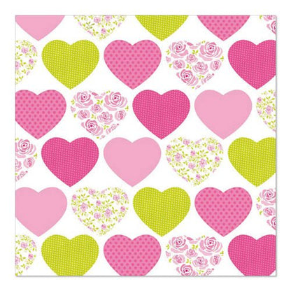 Un grazioso motivo a righe di cuori rosa e gialli - alcuni a tinta unita, altri con punti o fiori - adorna il set di design 1 da PAPSTAR GmbH 20 tovaglioli, 33 cm x 33 cm, 3 strati, piega 1/4 su sfondo bianco.