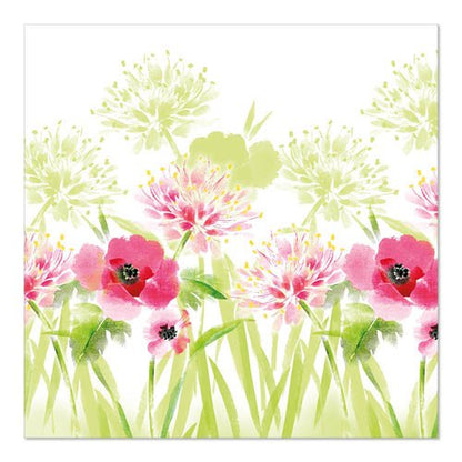 Fiori rosa e rossi acquerellati con foglie verdi e felci verde chiaro su bianco, stampati elegantemente su PAPSTAR 20 tovaglioli, 33 cm x 33 cm, 3 strati, set di design 1 di PAPSTAR GmbH - perfetti per ogni tavola apparecchiata.